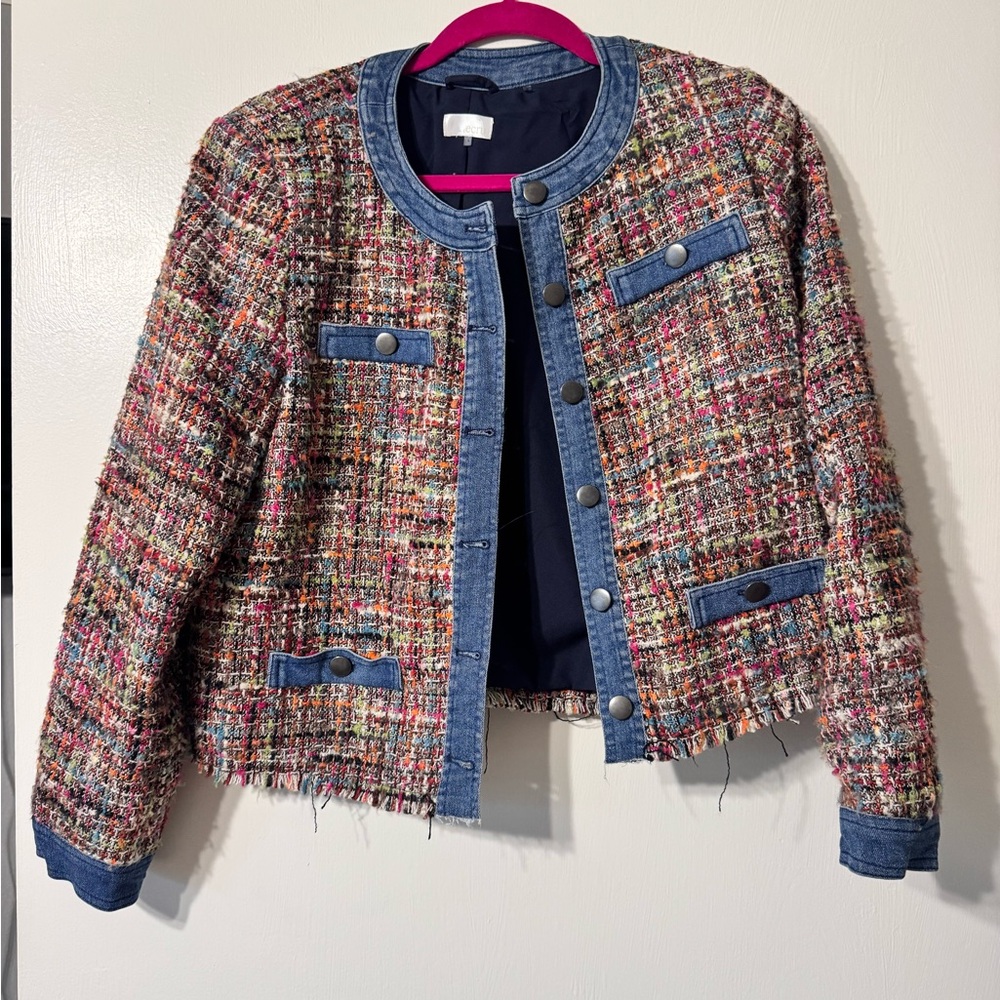Ecru button up jacket, with multi colored stitching